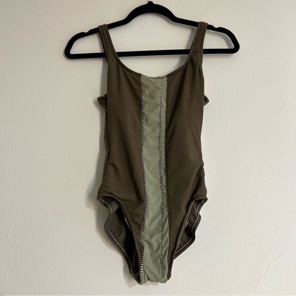 Miraclesuit Brown Green Striped One Piece Swimsuit Size 8 Slimming Shaping
